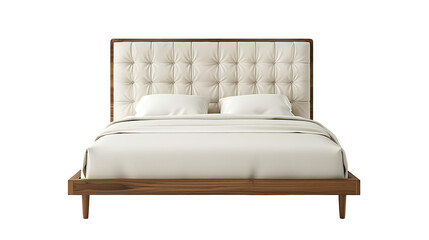 Modern solid wood bed, headboard with buttons and square frame, cream fabric, white background  