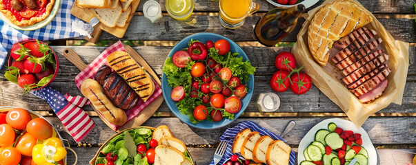 A variety of summer picnic foods like grilled meats, salads, pies, cakes, and sandwiches