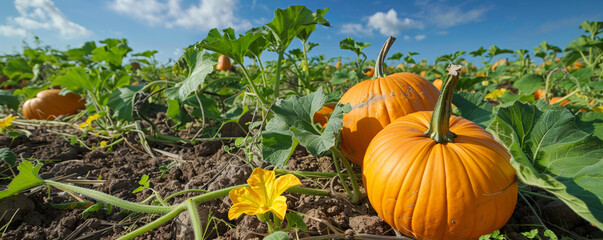 Pumpkins and yellow flowers in the sunny day