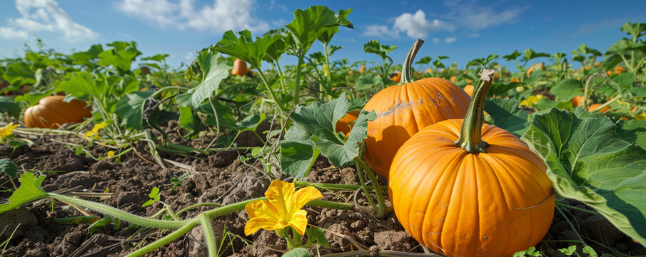 Pumpkins and yellow flowers in the sunny day