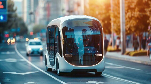 A Future vehicles, electric buses, self-driving vehicles on the road, future vehicle technology concepts