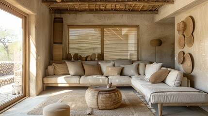 Fototapeta na wymiar The woven textiles in shades of beige and tan are carefully dd over the wooden furniture adding a touch of softness to the otherwise rough and rugged decor. The natural fibers of the .