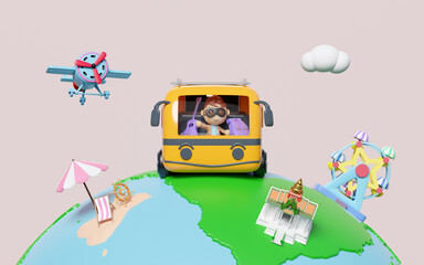 Tourist buses run around the world with boy, plane, luggage, guitar, measure, ferris wheel, island isolated on pink background. travel around the world concept, 3d render illustration - obrazy, fototapety, plakaty