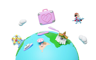 3d map with sandals, luggage, boy, propeller plane, measure, ferris wheel, island isolated. map earth travel concept, 3d render illustration