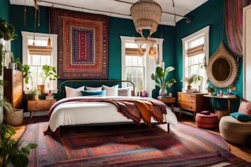 Chic and colorful bohemian bedroom with a touch of nature, Bohemian style bedroom featuring green...