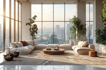 A wide shot of the living room in an ultra luxury penthouse with floor to ceiling windows overlooking New York City. Created with Ai