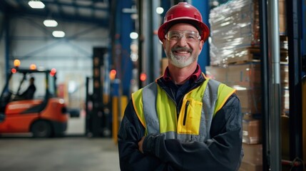 A male employee stands and smiles looking at the camera. Forklift inside industrial warehouse