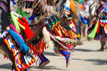 A group of Native American dancers performing a traditional powwow dance, adorned in colorful regalia adorned with feathers and beadwork, Generative AI