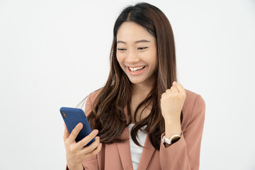Asian beautiful woman exited surprise face expression . female feels shocked with the phone....