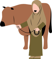 Hijab Woman With Cow Illustration