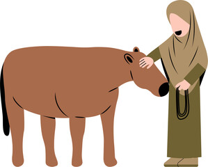 Hijab Woman With Cow Illustration