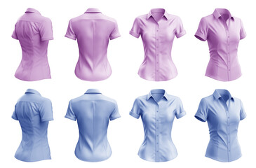 2 Set of woman pastel light blue purple button up short sleeve collar slim fitting shirt front, back side view on transparent background cutout, PNG file. Mockup template for artwork graphic design