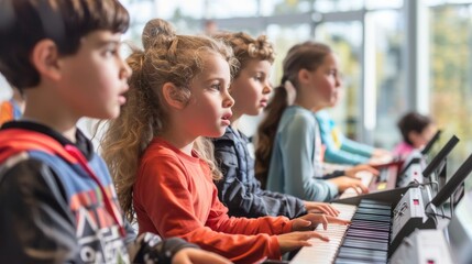 Group of focused children practicing piano in music class with attention and concentration - Powered by Adobe