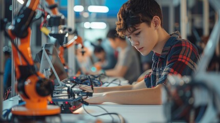 Young student intently assembling and programming a robot arm in an educational robotics workshop