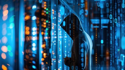 Hacker, encryption, malware concept Computer hacker masked in cyber security vulnerability on the server room background technology