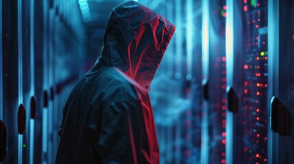 Hacker, encryption, malware concept Computer hacker masked in cyber security vulnerability on the server room background technology