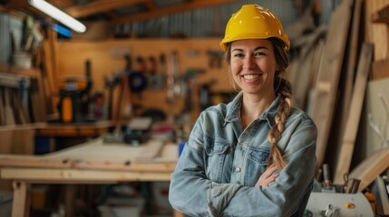 Cheerful female carpenter Confident in the workshop In the fully equipped carpentry workshop with various tools