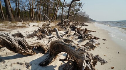 Beach with lot of driftwood on sand