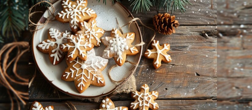 Classic Christmas cookies with icing, a charming vintage table setting, and plenty of space for text.
