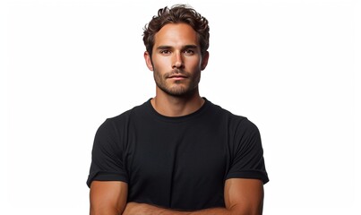 Hispanic young man wearing a black casual t-shirt. Side view, behind and front view of a mock up...