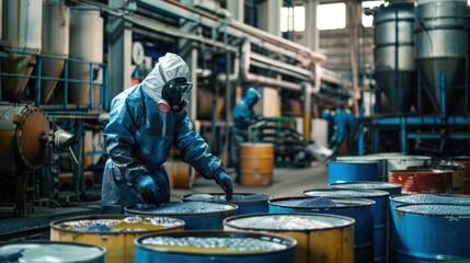 A technician in a protective suit moves a tank containing sulfuric acid inside a chemical manufacturing plant.