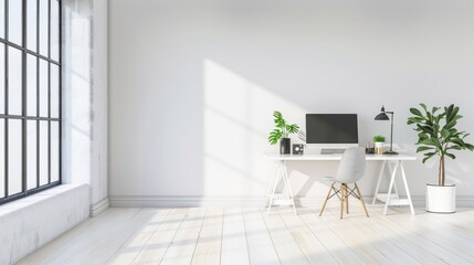 Bright office interior with computers, tables, chairs, windows.
