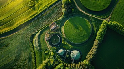Aerial view over a green biogas storage tank. Biogas plants and farms in green fields Renewable energy from biomass modern agricultural concept