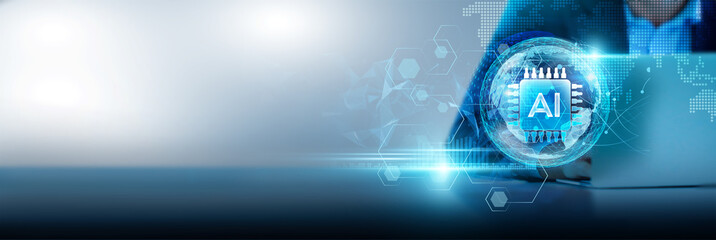 Artificial intelligence (AI) network, revolutionizing industries, innovation, and automation. Businessman using AI-powered systems and algorithms on a global network.