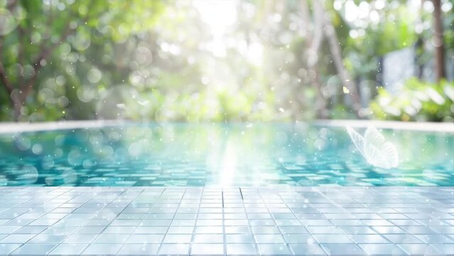 empty white ceramic mosaic table top and blurred swimming pool at the background. seamless looping overlay 4k virtual video animation background