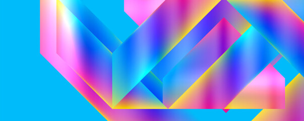 An electrifying mix of colorfulness with shades of purple, violet, and magenta creating a symmetrical art piece of geometric shapes like triangles and rectangles on a vibrant electric blue background