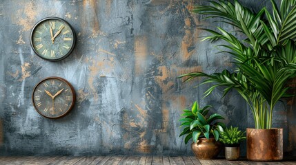 Springtime clock and plant background on concrete wall textured wallpaper with copy space