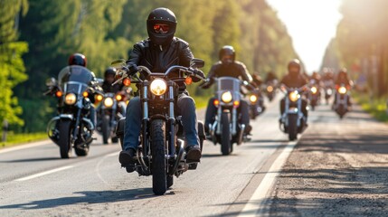 Group of cruiser chopper motorcyclists on country road at dusk