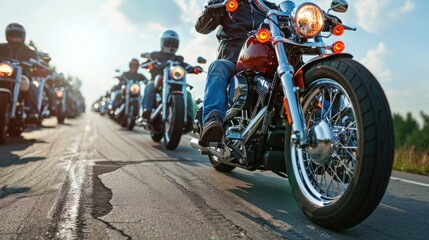 Group of cruiser chopper motorcyclists on country road at dusk