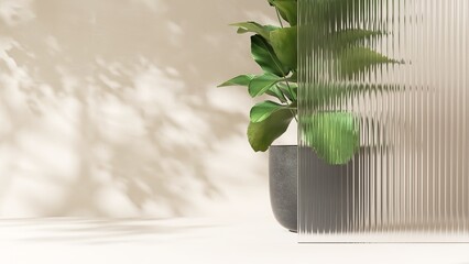Fresh beautiful green tropical tree plant on floor behind transparent fluted reeded glass in sunlight for modern, elegant, luxury fashion, beauty, cosmetic, skincare, body care, product background 3D