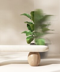 Modern, cute blank cream table podium, tree in sunlight, leaf shadow on reeded glass partition,...