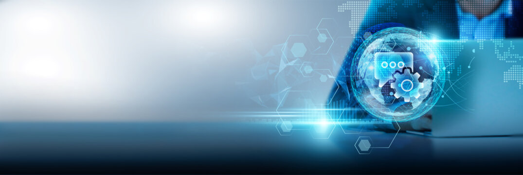 IT consulting network, strategic planning, technology implementation, and cybersecurity Businessman using a laptop connected to IT infrastructure and collaborating on a global network.