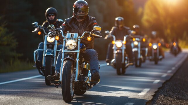 Group of cruiser chopper motorcyclists on country road at dusk