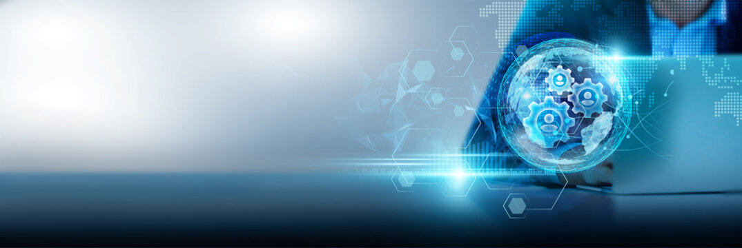 Operations network, streamlined processes, efficiency, and innovation. Businessman using a laptop connected to operational data and analytics on a global network with continuous monitoring.