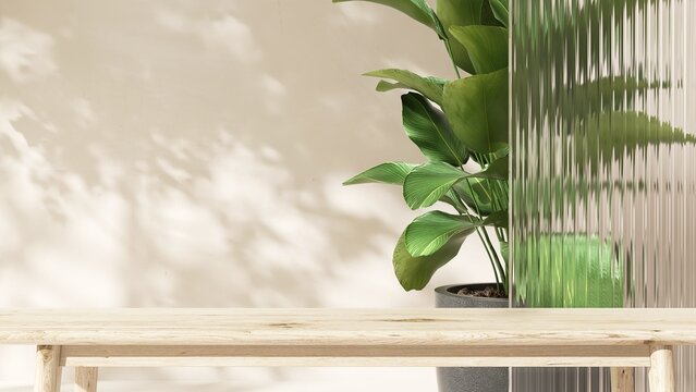 Wooden table counter, tropical tree and reeded glass partition in dappled sunlight on beige white wall for modern, luxury fashion, beauty, cosmetic, skincare, body care, product background 3D