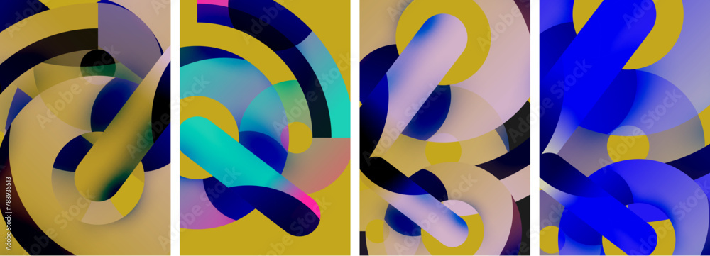Poster a vibrant collage featuring a mix of rectangles, circles, and abstract patterns in tones of violet, 