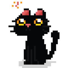 Fototapeta premium Pixel art cute black cat character look at the butterfly