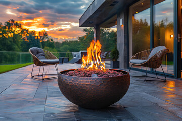 A modern fire bowl with burning flames on the patio of a luxury house at sunset. The bowl is made from roughly textured copper and there are some red pebbles inside it. Created with Ai
