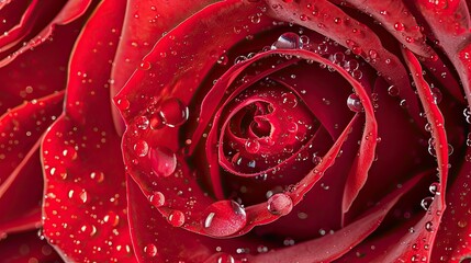Capture the intricate beauty of a vibrant red rose in a close up macro shot showcasing delicate droplets adorning its petals Perfect for a heartfelt Mother s Day greeting card or an elegant