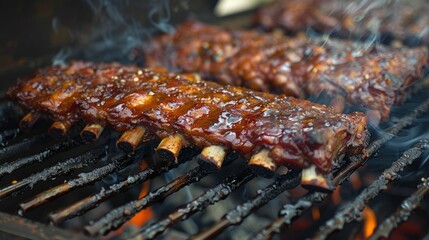 A mouthwatering sight unfolds as a handmade meat smoker works its magic slowly cooking pork ribs to perfection