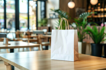 photo of a white paper bag placed on a table in a restaurant. mock up template for design presentation. Background of a luxury cafe interior