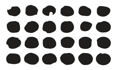 Blob shape organic set. Random black cube drops simple shapes. Pebble, inkblot, drops and stone silhouettes. Collection of paint liquid black blotch spot irregular form