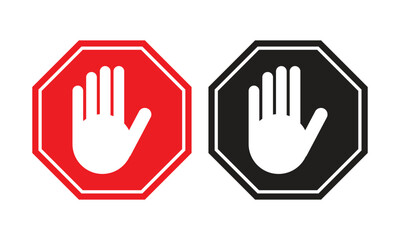 Red and black stop hand block octagon sign or Adblock or do not enter or forbidden icon. vector png illustration.