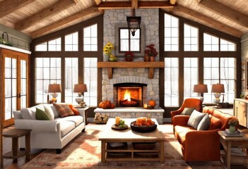 Charming living room featuring a fireplace and wooden beams, Warm and inviting living room interior with wood beams and fireplace, Cozy living room with rustic fireplace and wood beams.