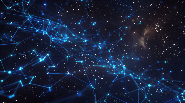 Under a canopy of digital stars, bright blue lines and dots flicker against an obsidian sky, a constellation of connections in the digital night.