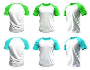 2 Set of men turquoise blue green Raglan Sleeves white tee t shirt colour block round neck front, back and side view on transparent background cutout, PNG file. Mockup template for artwork design